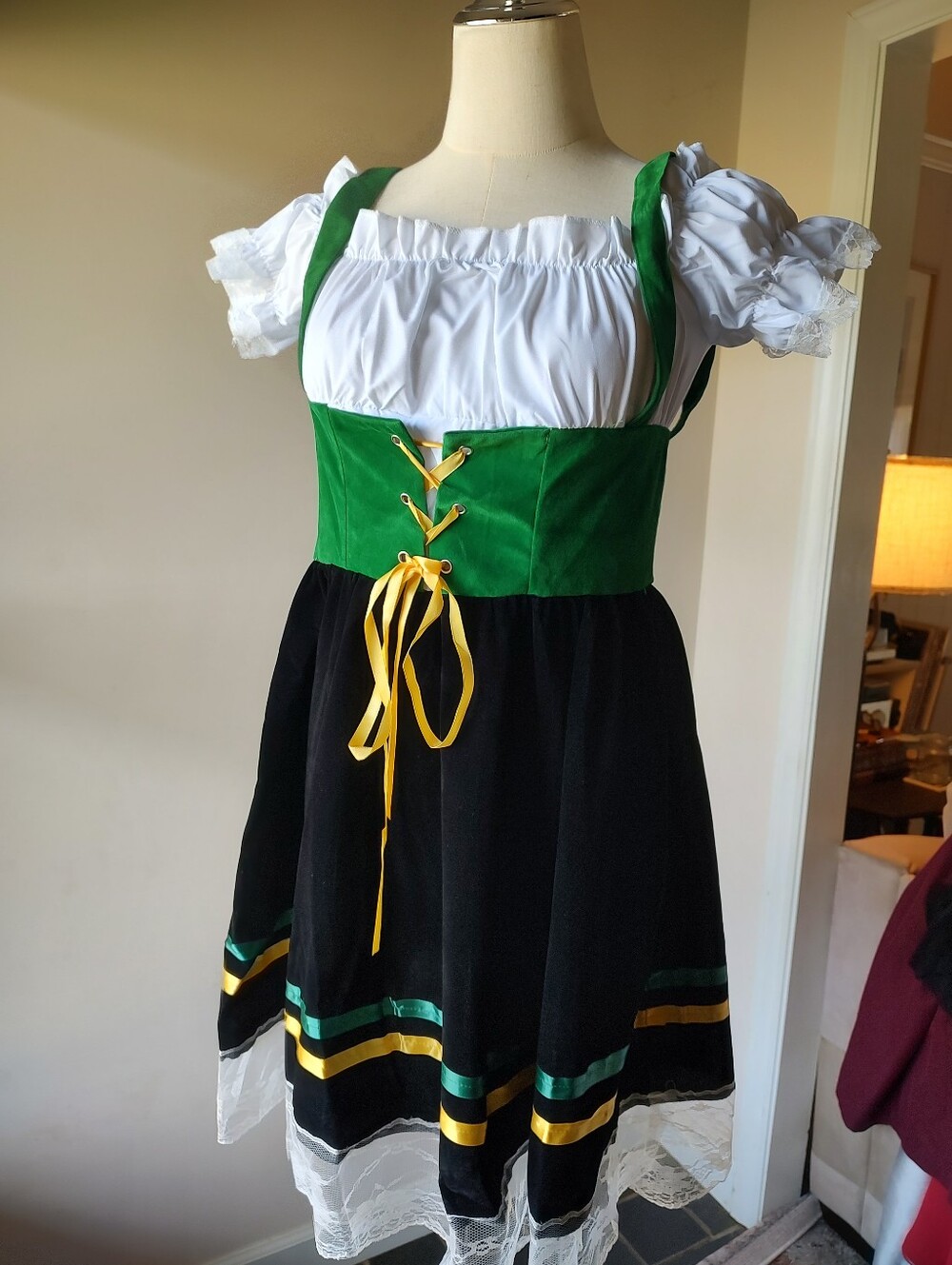 German Dirndl Green and Black Dress Costume White Bodice Medium